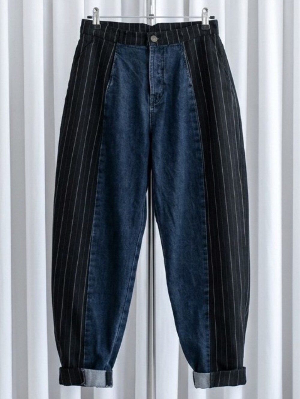 Etica high-waisted barrel jeans featuring side pinstripe contrast panels